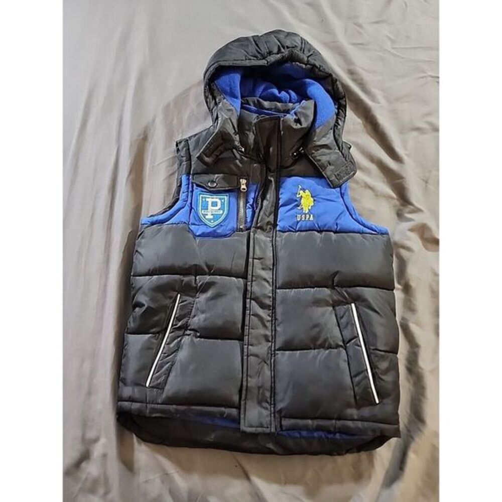 U.S. Polo Assn. Youth Boys Full Zip Puffer Hooded Vest Blue USPA Horse Sz Med
